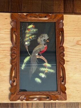 Handcrafted Mexican Feather Wooden Framed Bird Wall Art - Red and Gray Bird